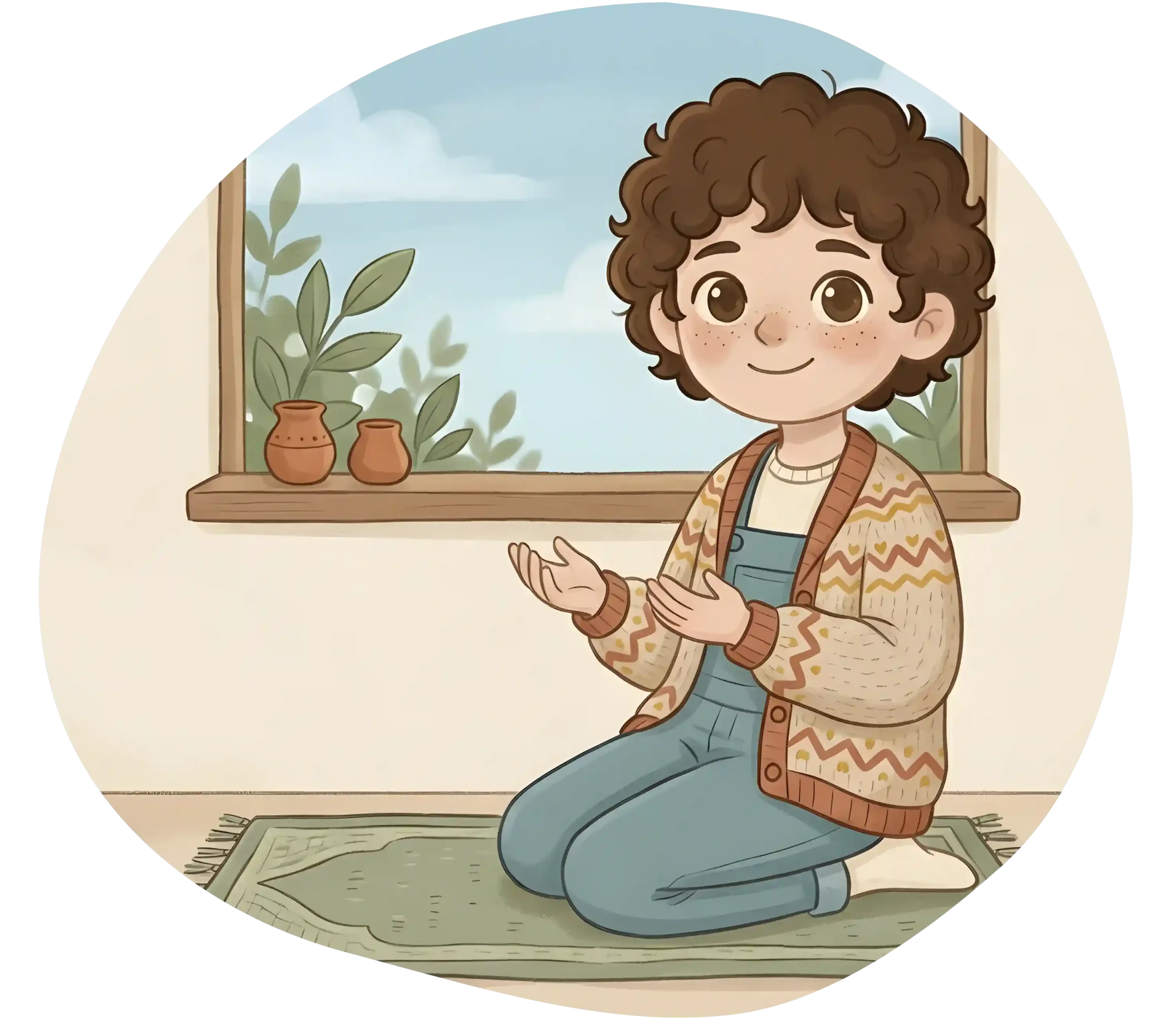 1 Smiling child waving hello, representing DuaMio kids learning spiritual values and gratitude in a friendly way