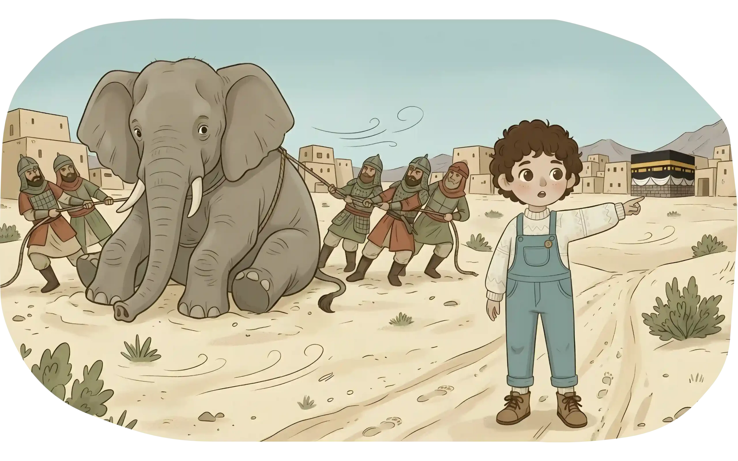 The Story of the Elephant – Surah Al-Fil Illustration | DuaMio An elephant leading an army approaching the Kaaba in Mecca, representing the story of the People of the Elephant (Ashab al-Fil).