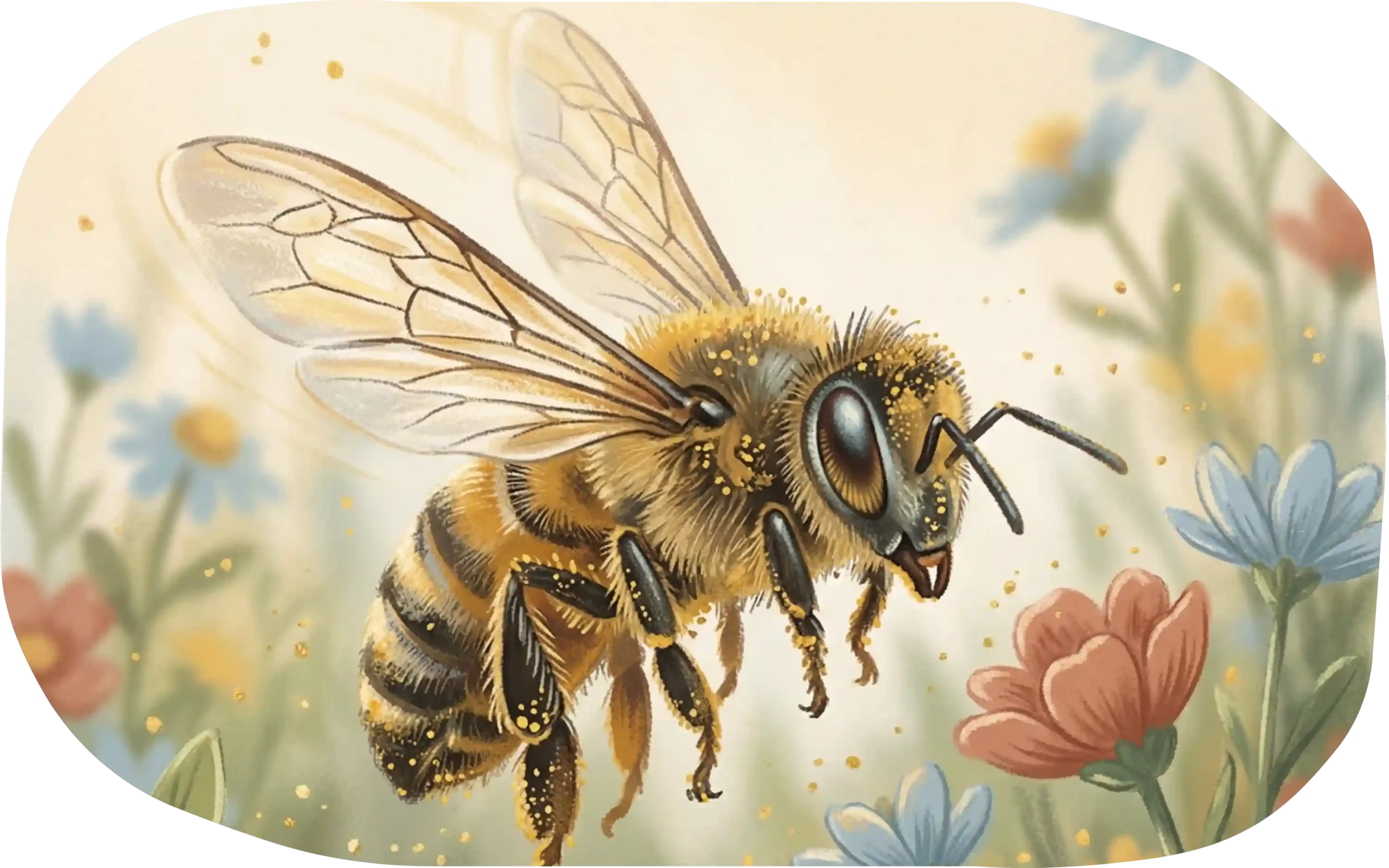 The Miracle of Nature – Bee and Flowers | DuaMio Discovery A detailed bee hovering over colorful flowers, showcasing the beauty and complexity of nature in a soft and vibrant environment.