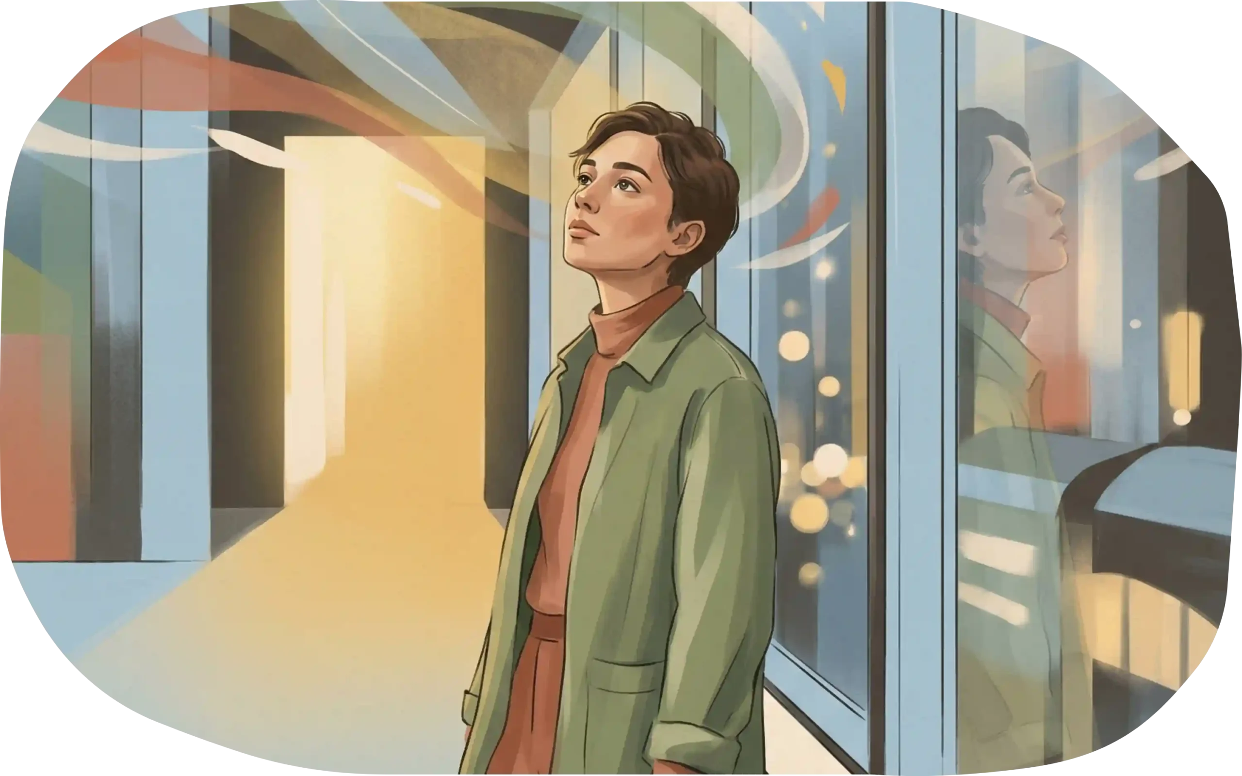 Curiosity and Reflection – Searching for Meaning | DuaMio A thoughtful young person standing by a window at night, looking outside with curiosity and reflection, symbolizing a search for meaning and direction.