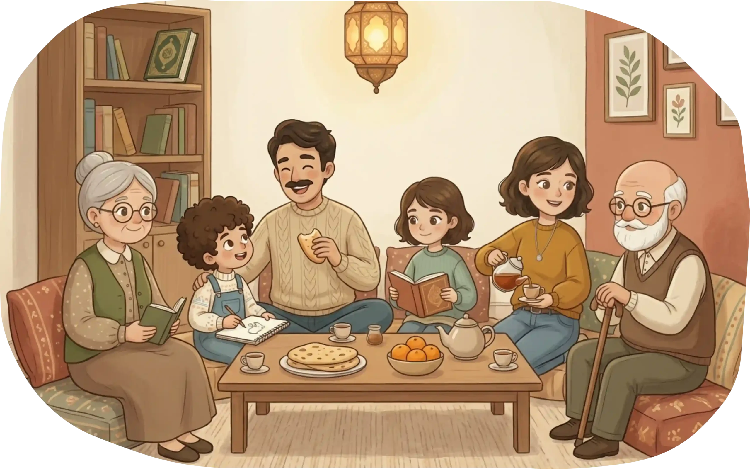 Family Learning Together – Warm Home Moment | DuaMio A warm Muslim family sitting together at home, reading books and sharing tea, with children and grandparents enjoying a peaceful learning moment.