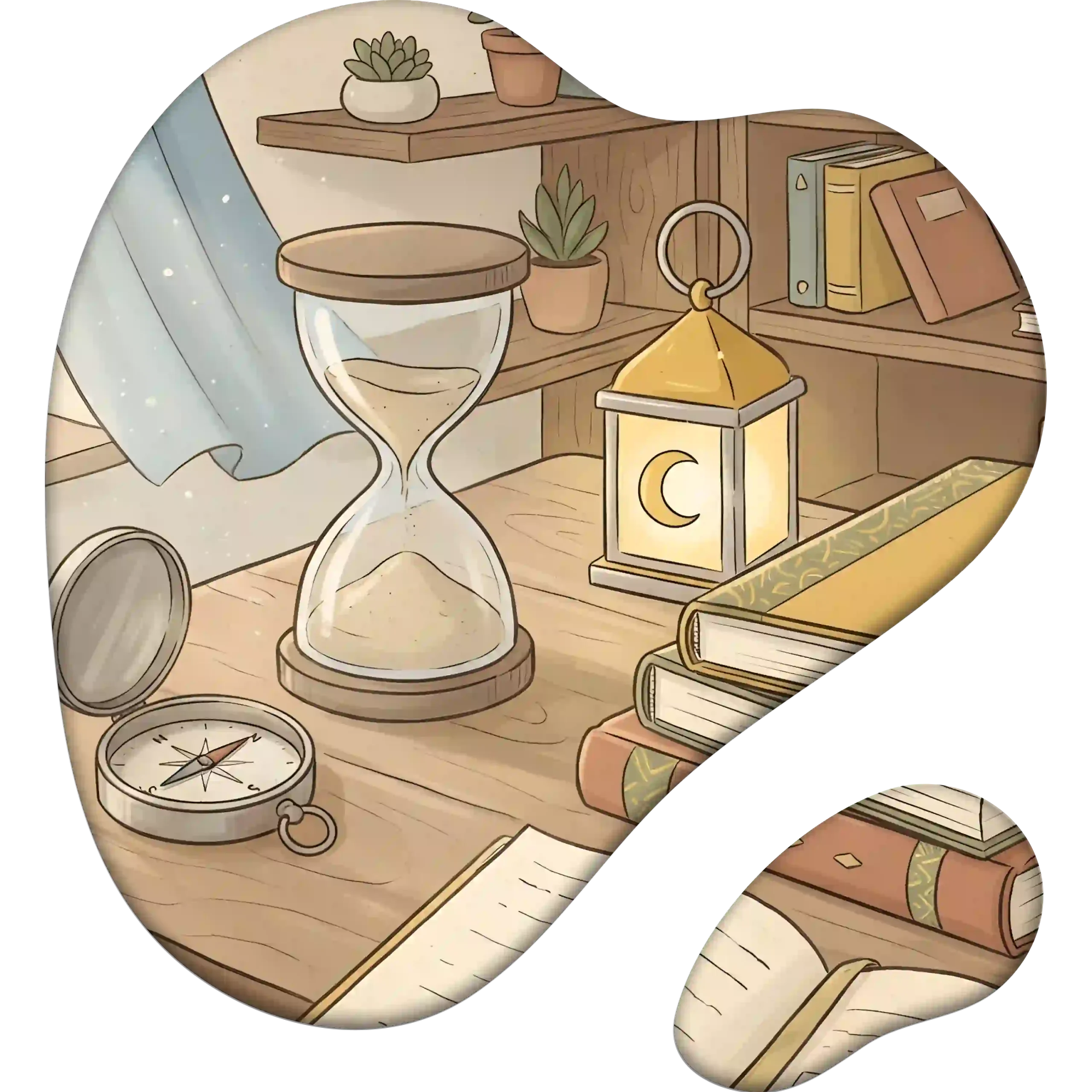 Time, Knowledge & Reflection – DuaMio Learning Illustration A cozy study scene with an hourglass, books, a compass, and a glowing lantern, symbolizing time, knowledge, and thoughtful reflection in a calm atmosphere.
