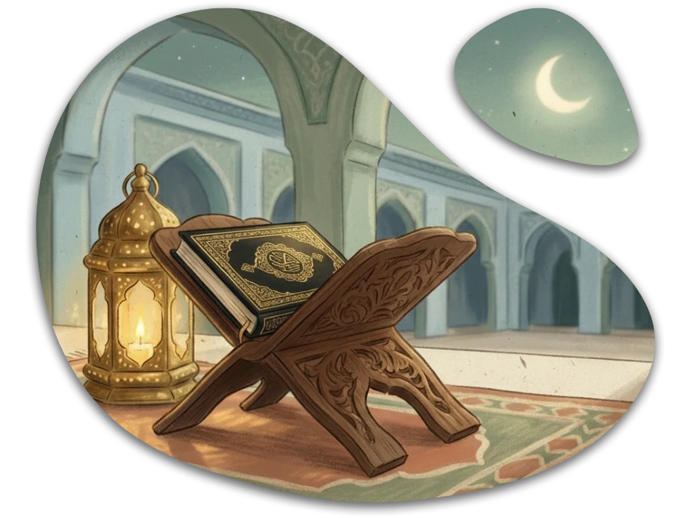 Quran on Rehal in Mosque – Peaceful Islamic Illustration A Quran placed on a wooden stand (rehal) inside a mosque, illuminated by a lantern under a crescent moon in a calm spiritual atmosphere.