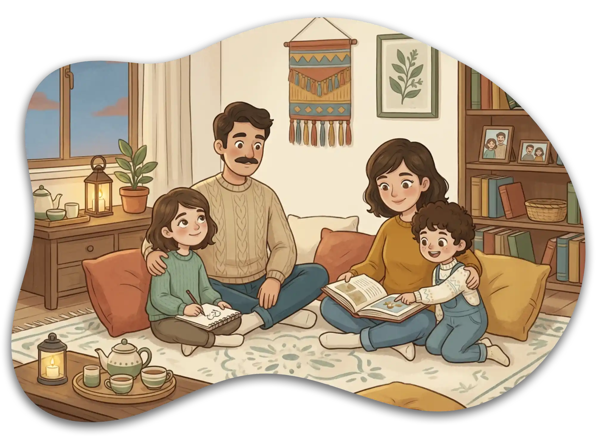Family Learning Together at Home – DuaMio Illustration A warm Muslim family sitting together at home reading a book, with children listening attentively in a cozy and peaceful environment.