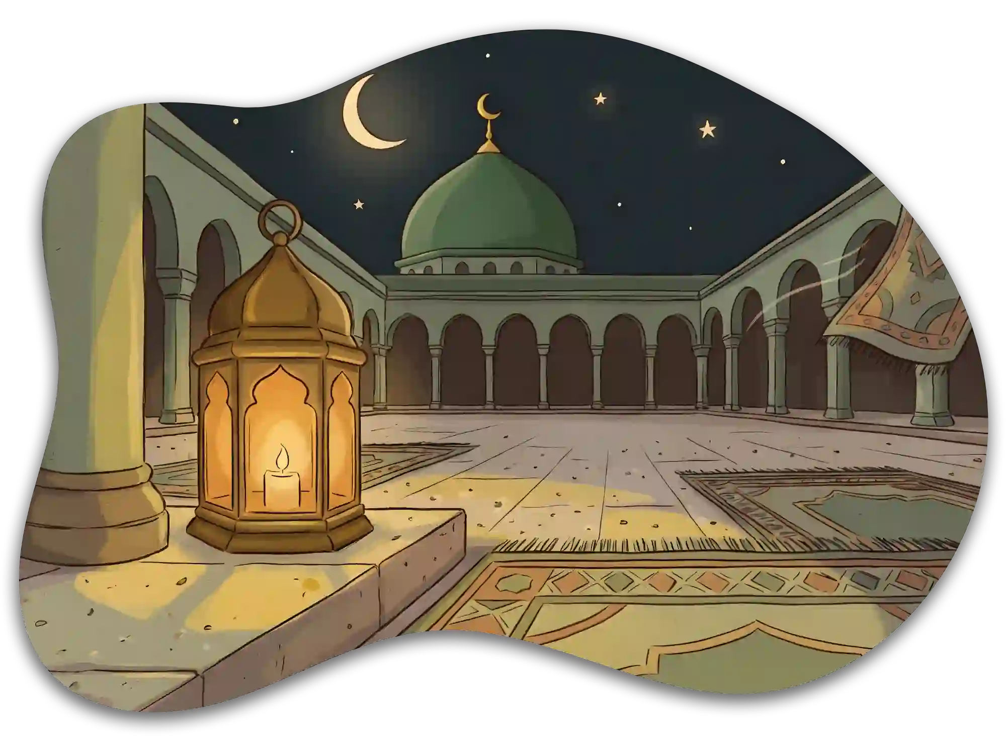 A warm Muslim family sitting together at home reading a book, with children listening attentively in a cozy and peaceful environment.