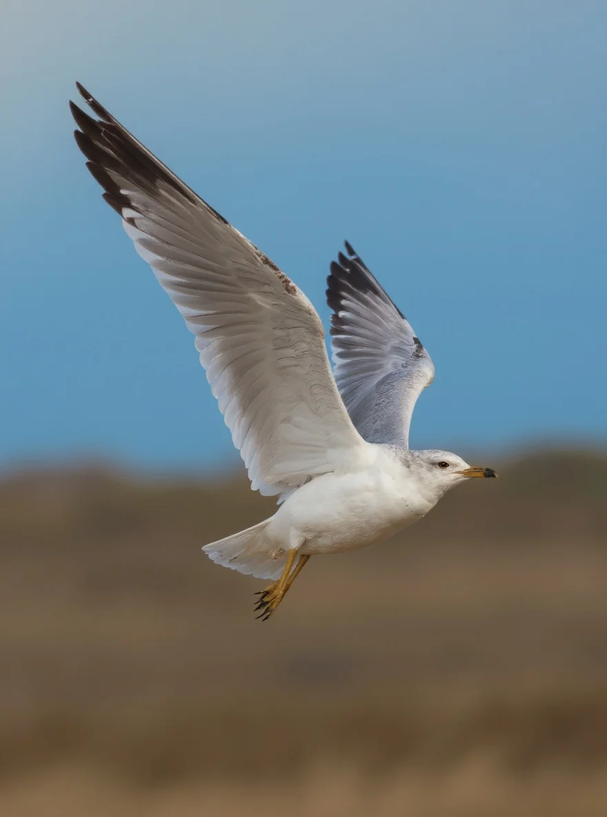 A gull wing bends during flight, showing feather layers and jointed structure.