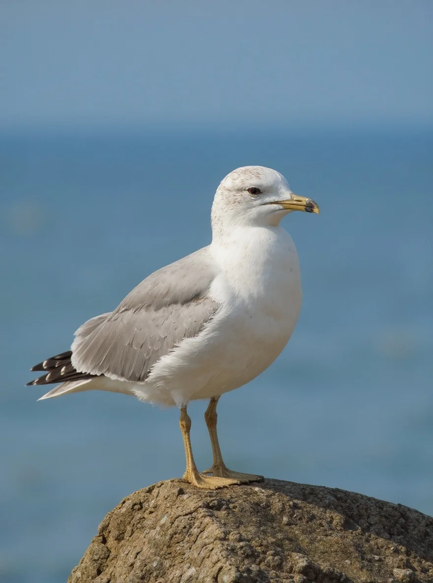 A gull rests on a coastal rock with the ocean blurred behind it.