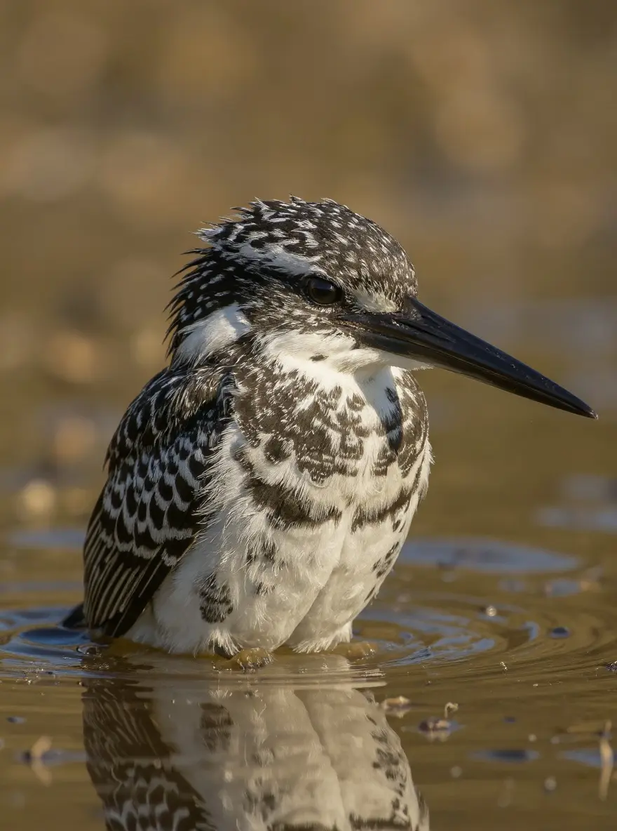 De zwart-witte kop en lange rechte snavel van een bonte ijsvogel zweven net boven een rustig wateroppervlak.