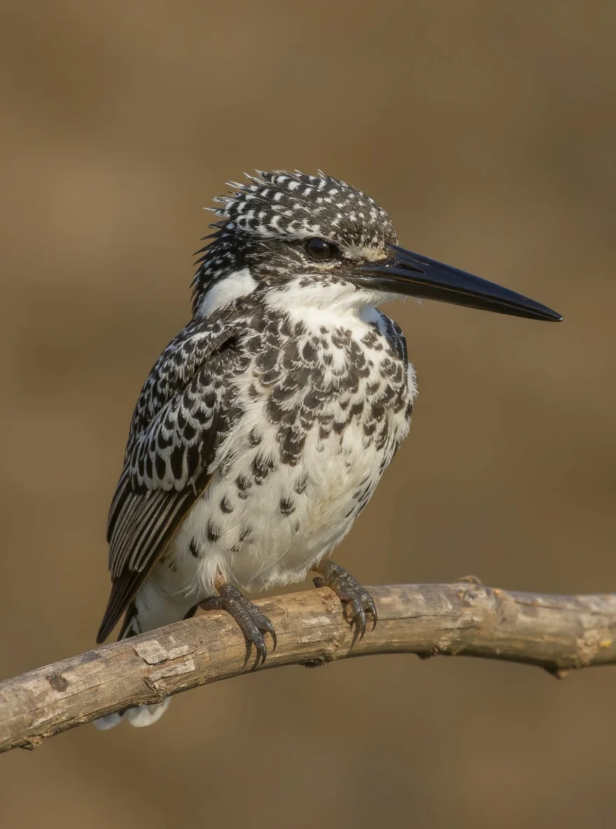 Een bonte ijsvogel wordt in scherp zijprofiel getoond, met zijn zwart-witte verenkleed en lange snavel duidelijk zichtbaar.