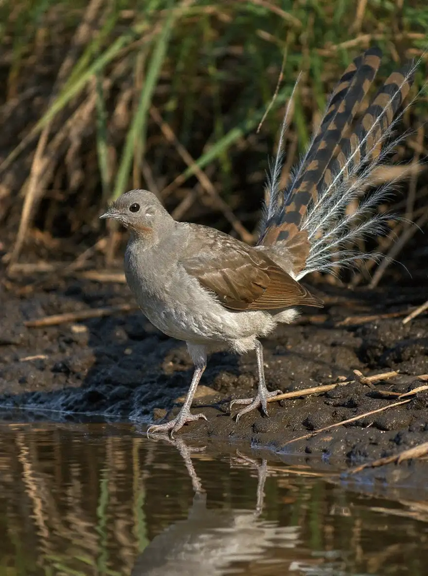 A superb lyrebird walks among ferns and leaf litter in an Australian rainforest.