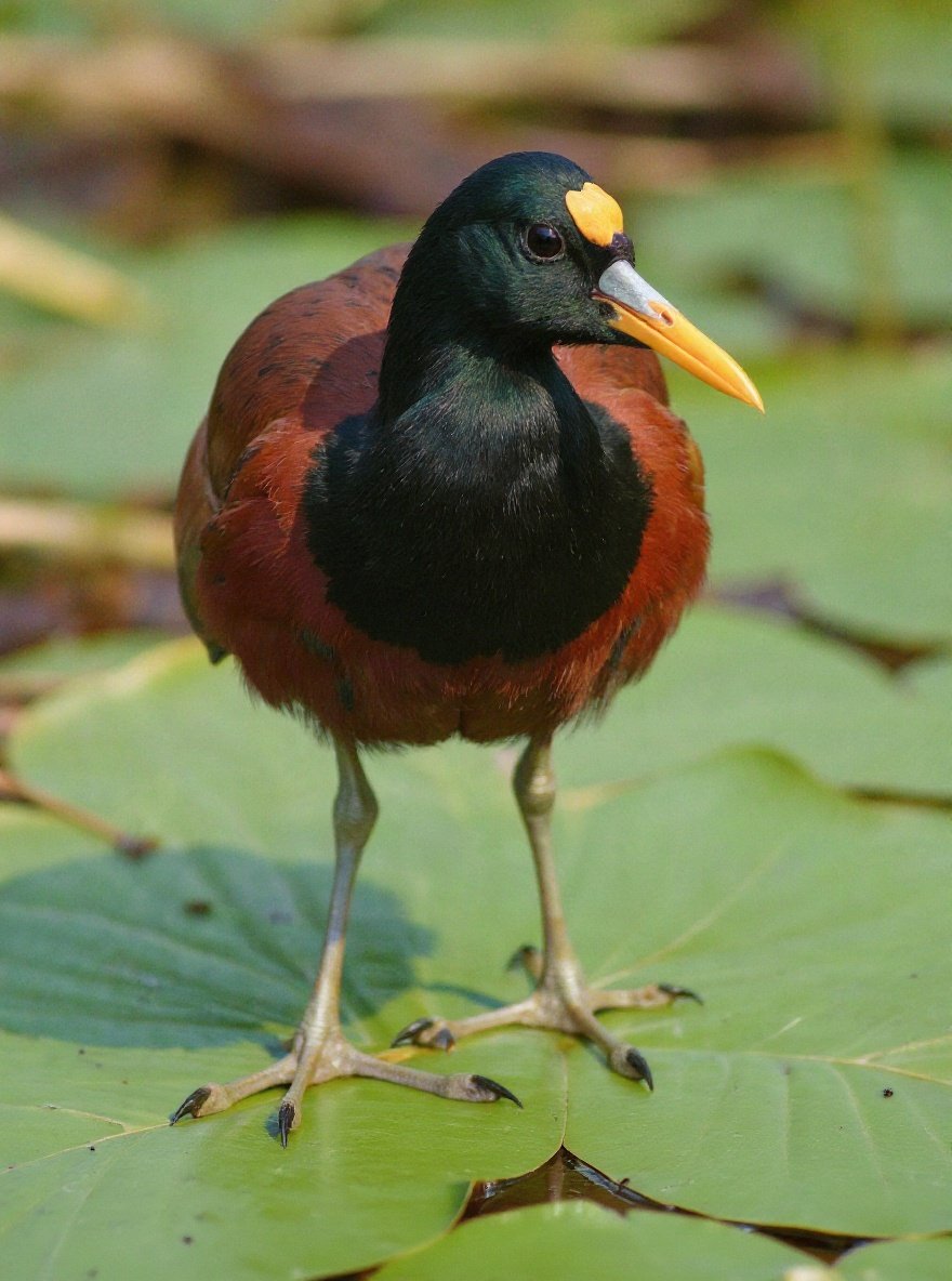 Close-up van een noordelijke jacana met zeer lange tenen uitgespreid over een drijvend blad.
