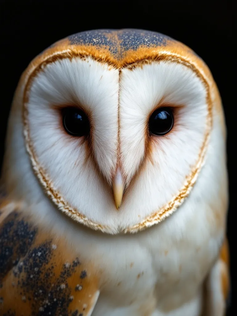 Close-up of a barn owl’s heart-shaped facial disc.