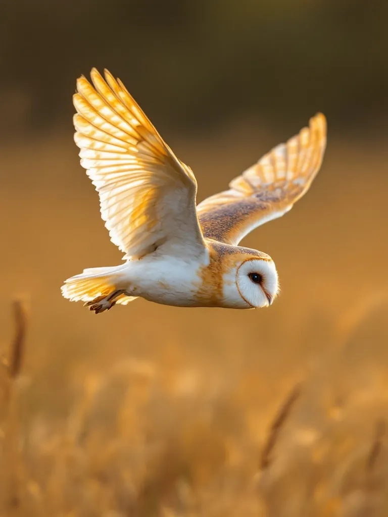 A barn owl hunting in low flight at dusk.