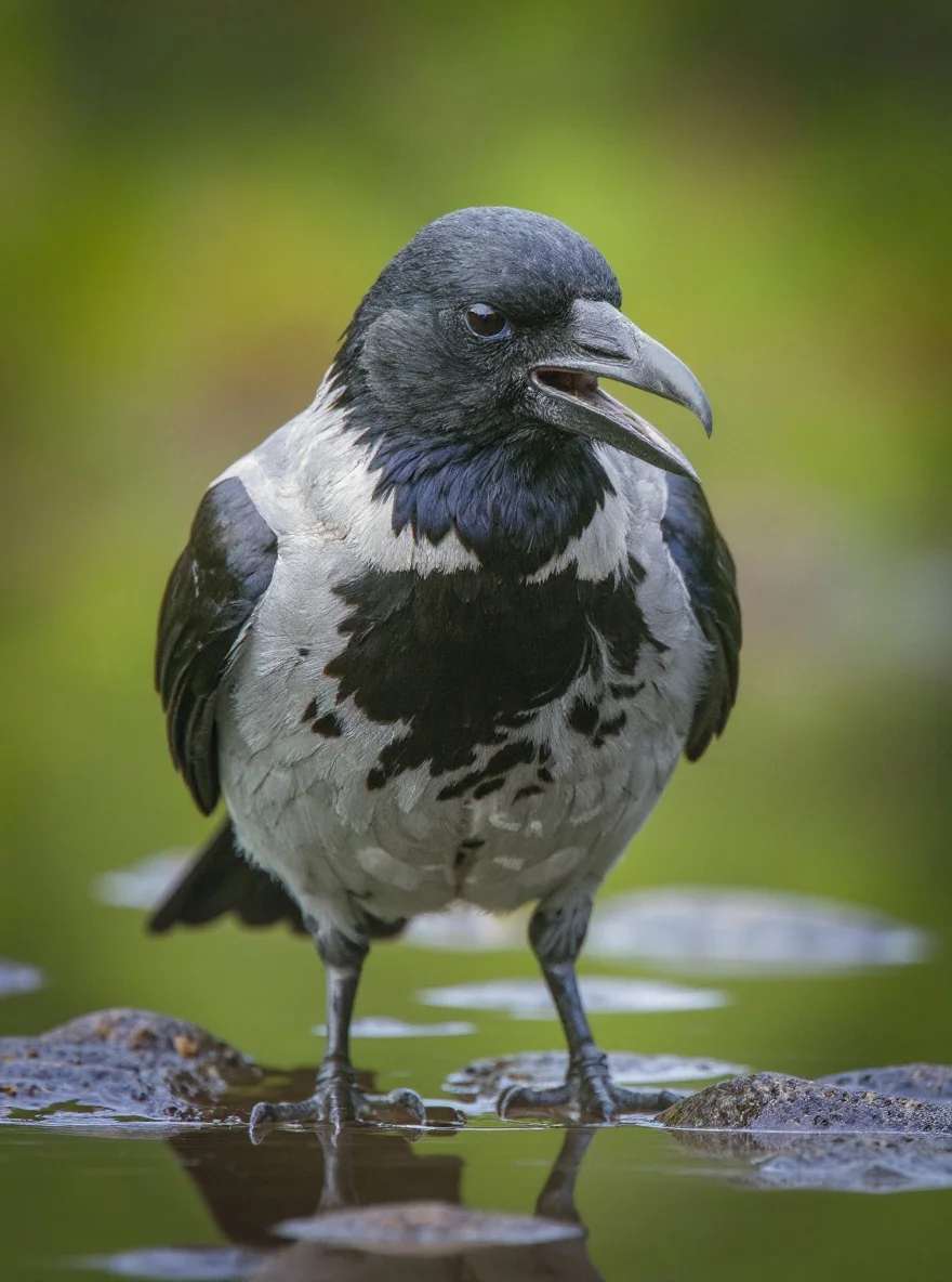 A crow beak approaches a cracked walnut shell on rough asphalt.
