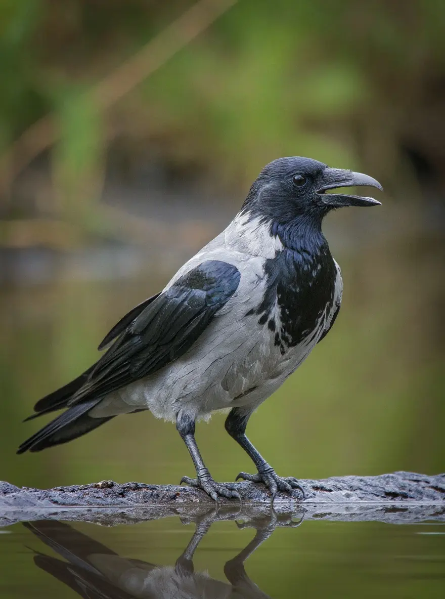 A crow perches above a quiet roadside beside trees.