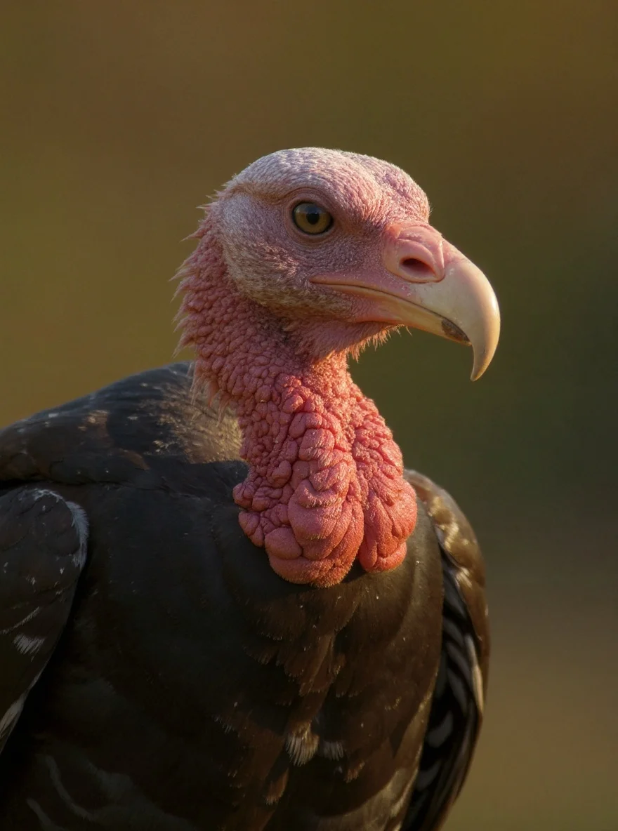 A vulture head and beak are shown in close-up with bare facial skin.