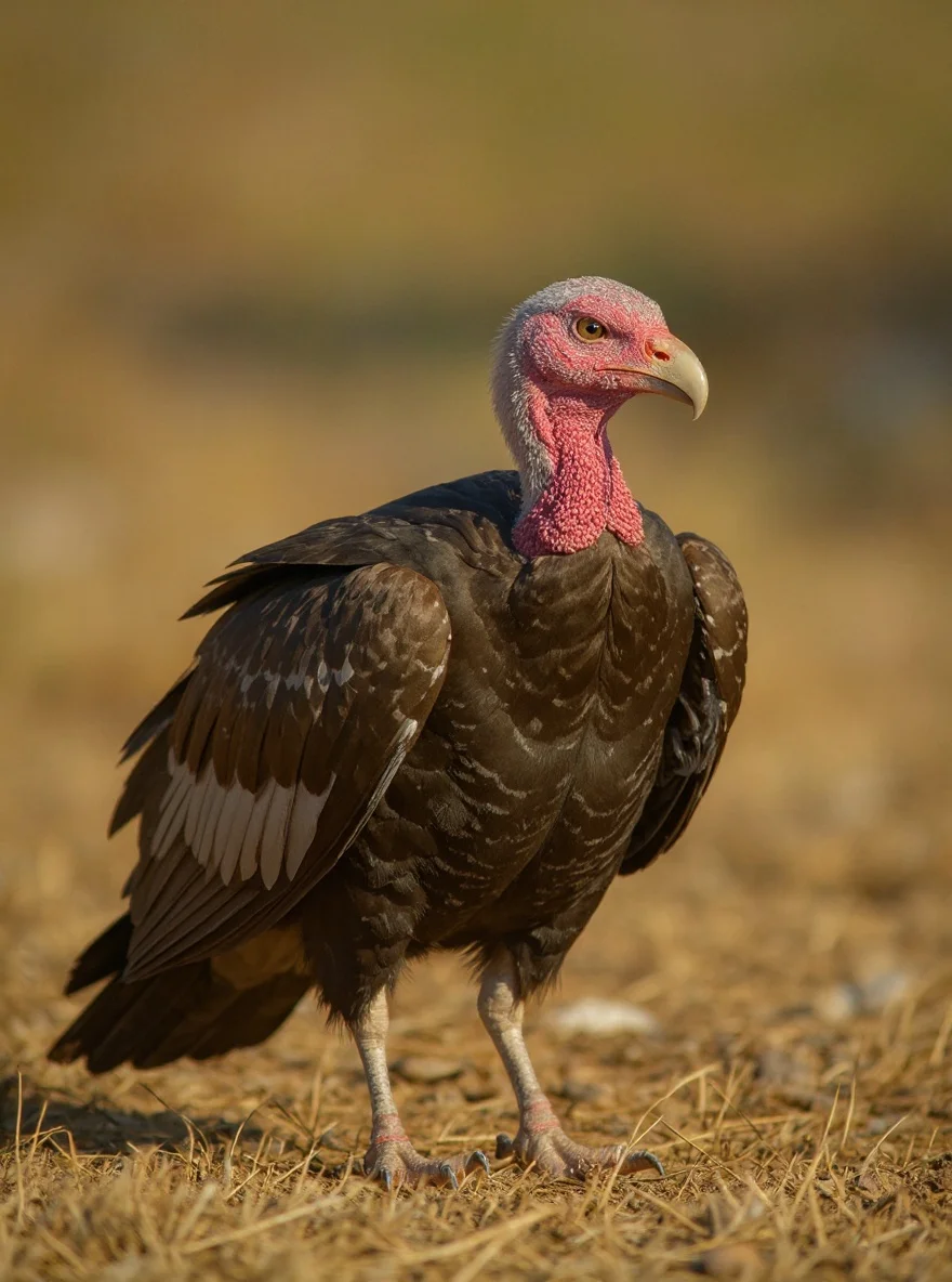 A vulture is shown in a calm close-up portrait with textured feathers.