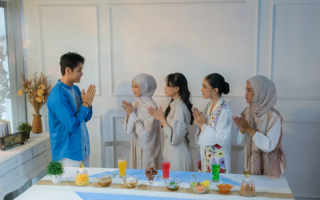 A warm, modern Islamic family scene with a man and several women