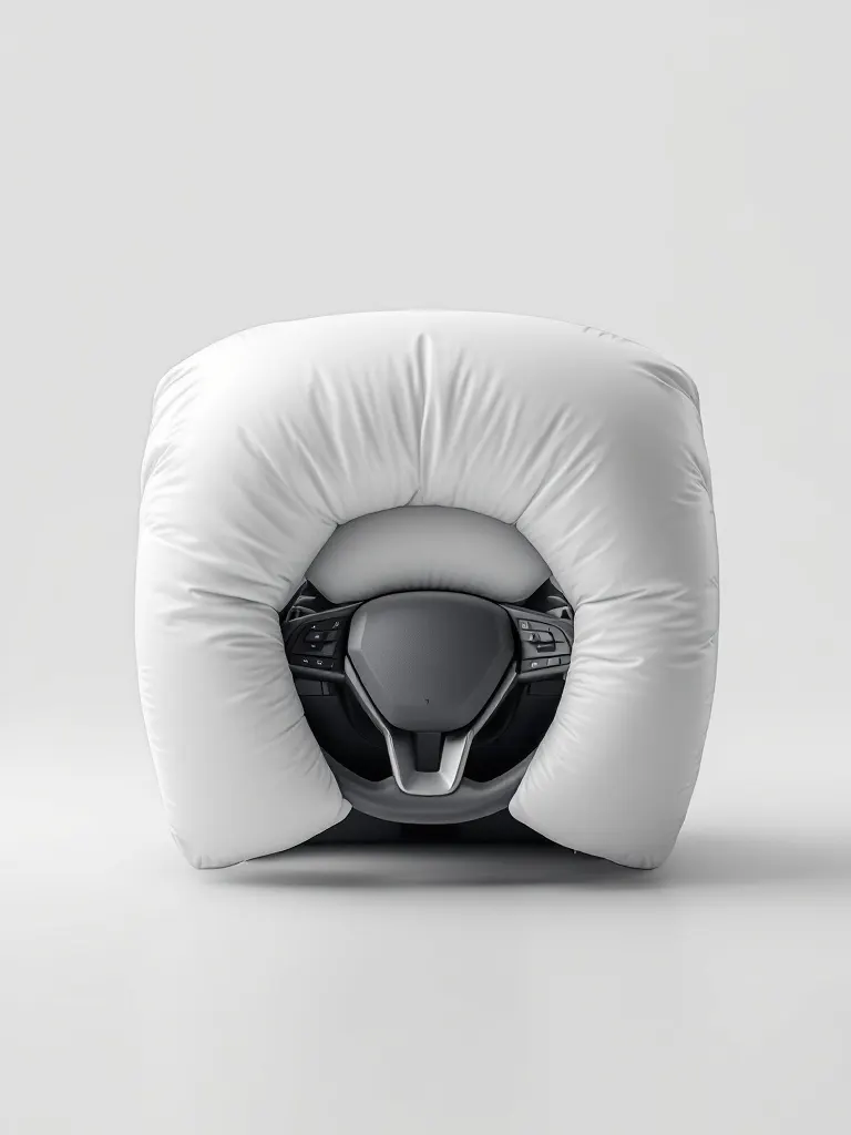 A deployed white car airbag cushion from a steering wheel; an impact-absorbing safety system.