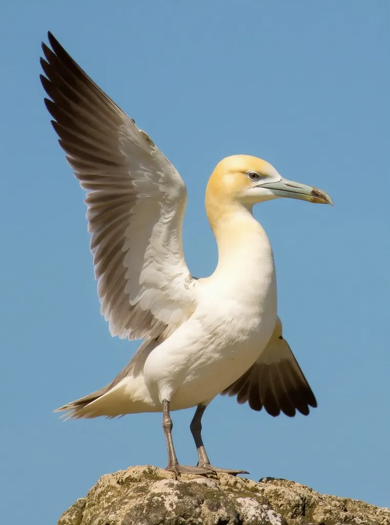 A northern gannet is shown in close-up with white and golden head plumage.