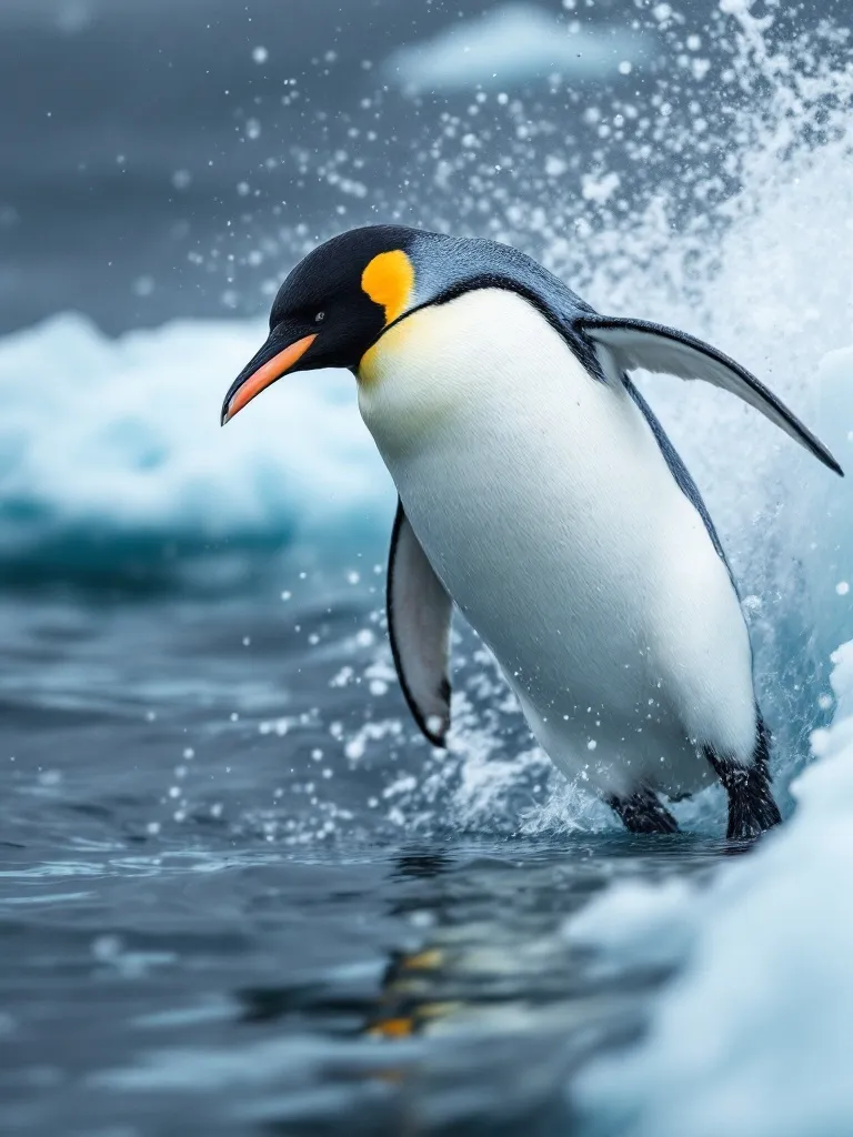 An emperor penguin leaping from the sea onto the ice.